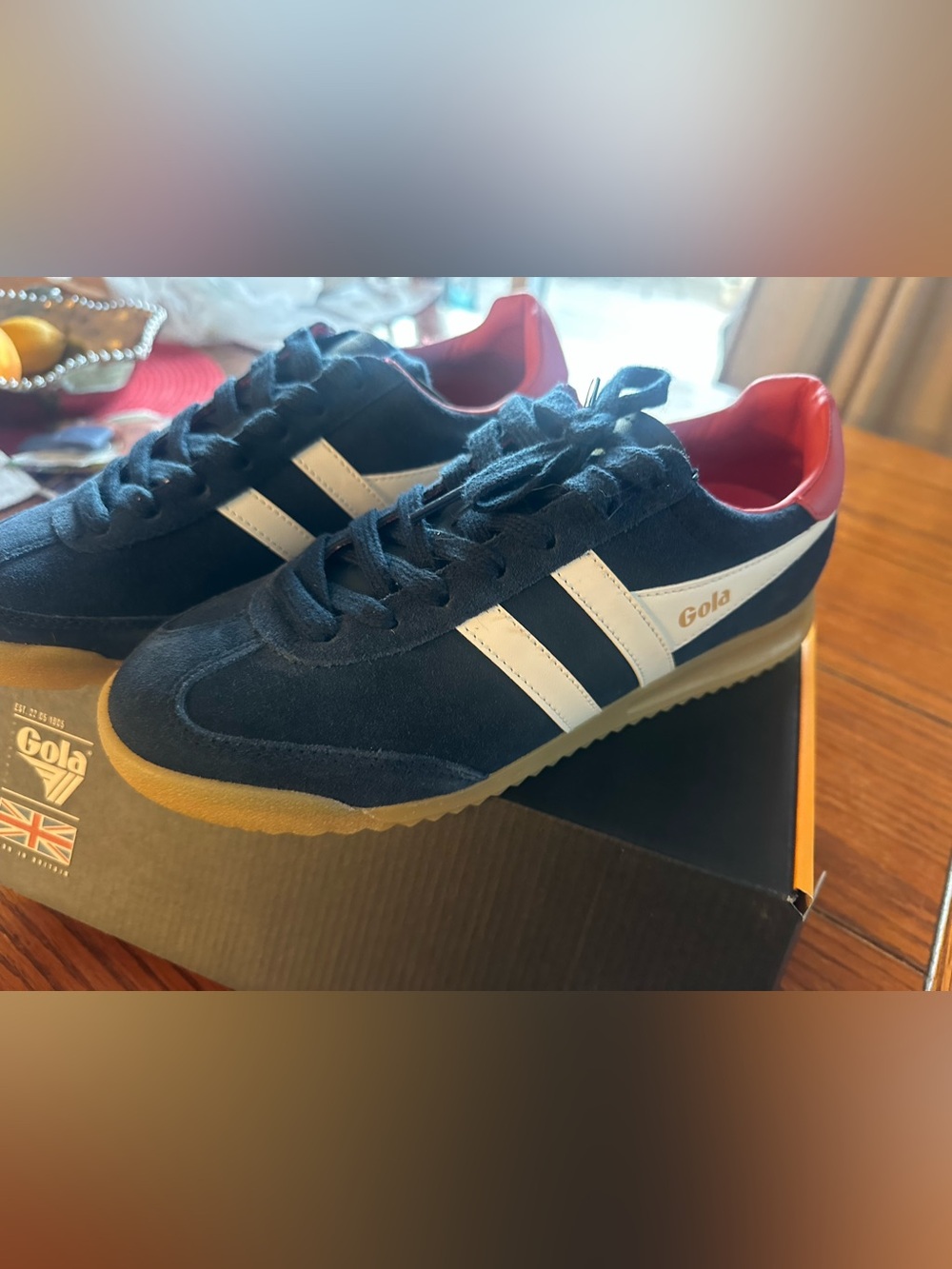 Hola navy suede sneakers with white stripes and red accent